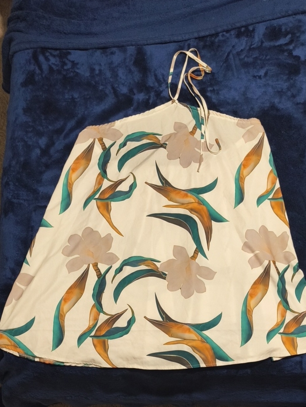 Cream Floral Halter Sundress with Teal & Mustard Leaves